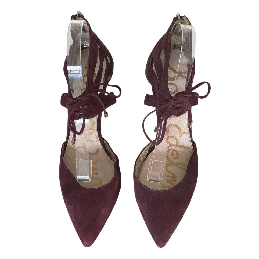 Sam Edelman Burgundy Suede Lace Up Caged Pointed Toe Pumps Heels US 9M EUR 40